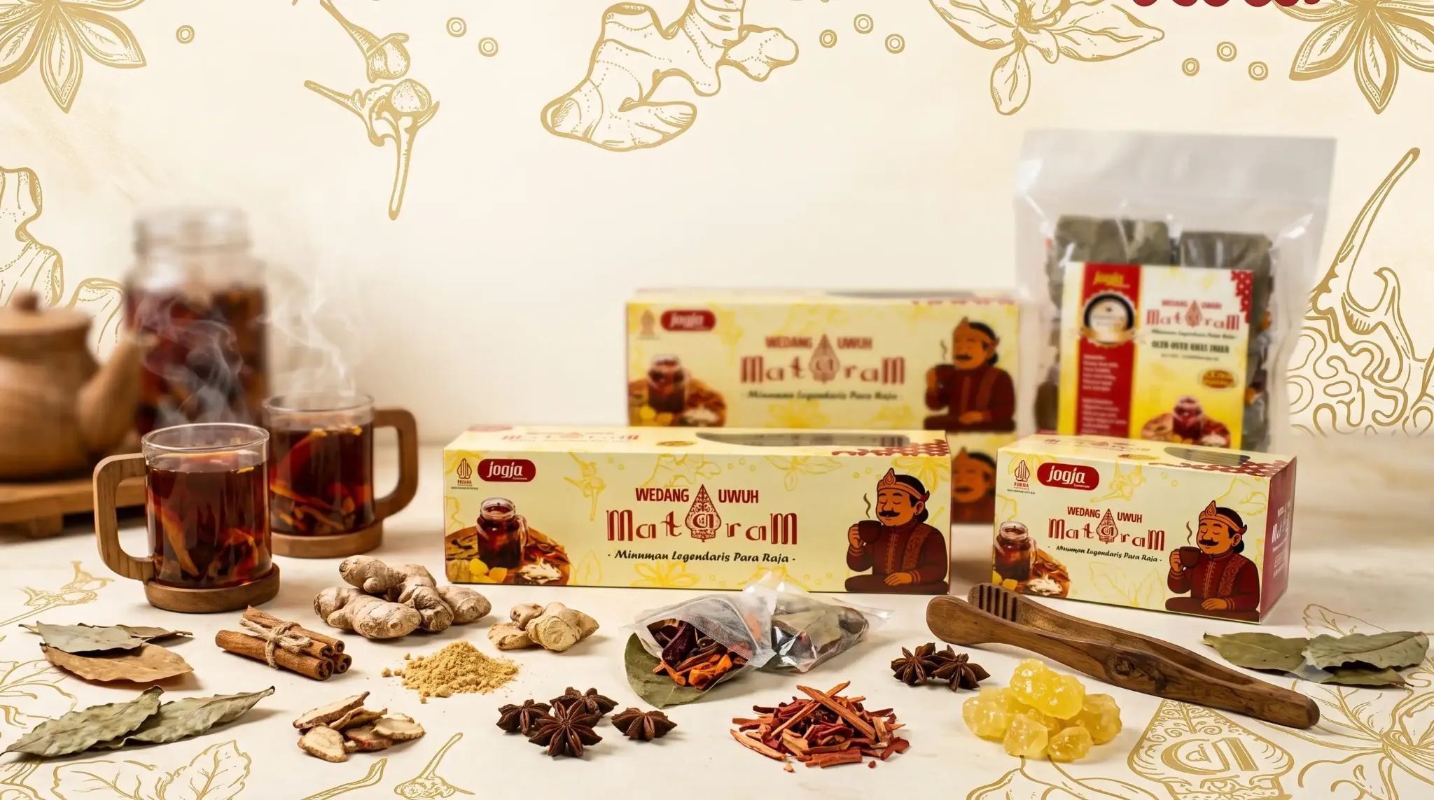 Rangkaian produk dan rempah Wedang Uwuh Mataram